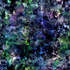 Seamless abstract color blobs with floral flower pattern overlay. High quality illustration. Painterly dye-like blue purple and green bleed watery background color with beautiful pattern overlay.