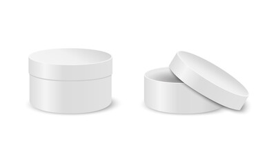 Round cardboard boxes mockup. Closed and open white cylinder packages isolated on white background. Containers for gift, cosmetics, cookies. Vector realistic illustration.