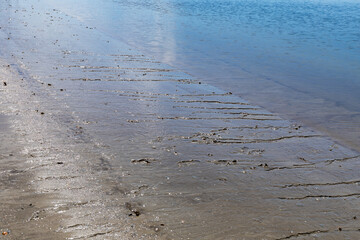 Water's edge with sandy beach and still blue waters, ocean bay or river, horizontal aspect