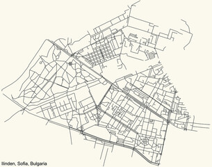 Fototapeta na wymiar Black simple detailed street roads map on vintage beige background of the quarter Ilinden district of Sofia, Bulgaria