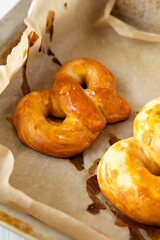 Homemade Basic Soft Pretzels, low angle view. Close-up.