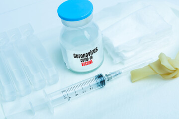 Corona Virus COVID-19 vaccine medical syringe ready for treatment for a viral infection and prevent Coronavirus Epidemic. Vaccination against the new Corona Virus. Concept Immunisation and cure