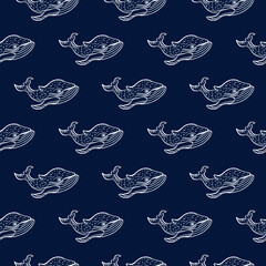 Seamless sea pattern with cute funny whales.Hand drawn ink brush mammal marina animal character.Engraving style sketch vector illustration.White on blue. Childish background texture for fabric,textile