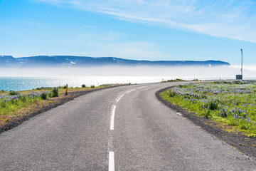 Curve on a road running along the coast of a fjord in Iceland on a sunny spring day. The fjord is partly covered with patches of mist.