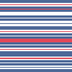 Abstract vector seamless pattern with colored parallel horizontal navy blue, red, white stripes of different width. Colorful geometric striped background for interior design, textile, wrapping paper