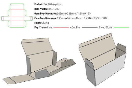 Tea box for 20 bags packaging design template gluing die cut - vector