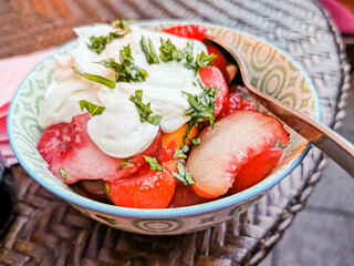 sweet fruit salad with cream cheese and herns