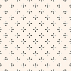 Vector monochrome minimal seamless pattern with small diamond shapes, rhombuses, tiny squares, arrows. Abstract black and white geometric texture. Simple minimalist background. Tribal ethnic motifs