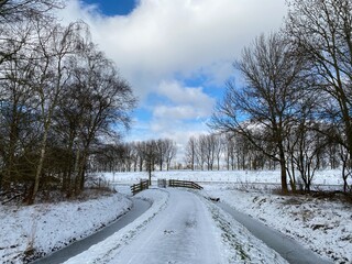 A snow covered field in Spijkenisse, dutch winter in The Netherlands 