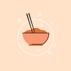 Asian food bowl and chopsticks on light isolated background. Noodles. Fast food and fast food emblem. Design element for cafe, menu and packaging. Modern vector illustration.