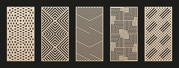 Laser cut patterns collection. Vector set with abstract geometric ornament, lines, stripes, grid, lattice. Decorative stencil for laser cutting of wood panel, metal, plastic, paper. Aspect ratio 1:2 - obrazy, fototapety, plakaty