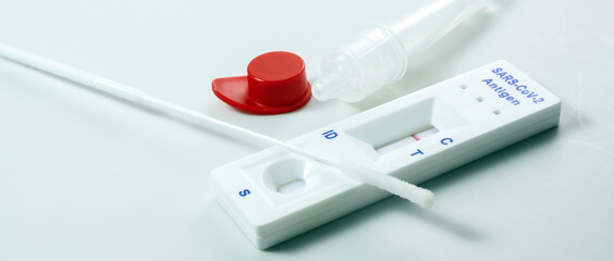 Rapid antigen self test kit with negative result, covid-19 diagnostic with nasal swabs, tube and...