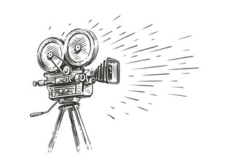 Retro movie camera in vintage engraving style. Screen version, screening sketch vector illustration