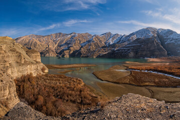 Tortum lake, beautiful landscape. Tortum Lake formed on Tortum Stream. Paradise lake with azure water. January 2021