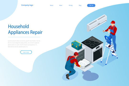 Isometric household appliances repair concept. Repair support service