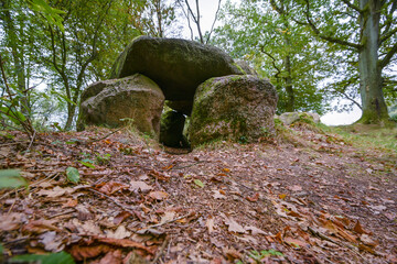 Prehistoric megalithic tomb or dolmen in the forest of Klein Görnow, Sternberg, Germany, a...