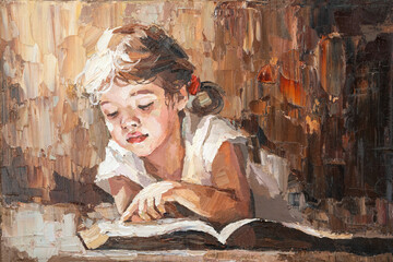 Picture in which a child reads a book in the warm sun. Little girl with.blond hair on a brown background. Oil painting on canvas.
