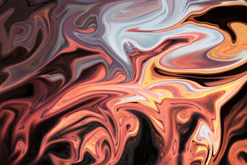 Fototapeta premium Fantasy fluid art background in green tints with orange, pink, black, grey, blue wet effect. Flowing ripple effect of liquid ink. Liquid marble.