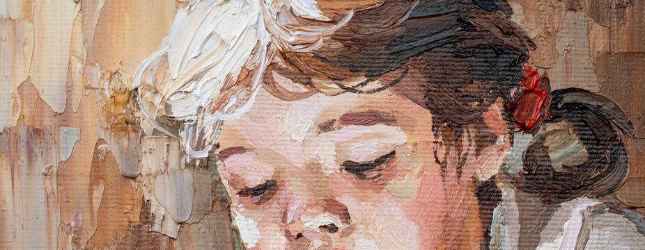 A fragment of a picture in which a child reads a book in the warm sun. Little girl with.blond hair on a brown background. Oil painting on canvas.