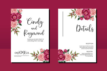 Wedding invitation frame set, floral watercolor hand drawn Rose and Peony Flower design Invitation Card Template