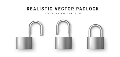 Metal robust secure padlock. Set of realistic padlocks in different states - open, closed. Isolated object. Padlock icon. Secret information concept. Safety background