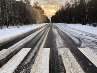 Snowy Forest Road with Crosswalk Leading into Winter Sunrise