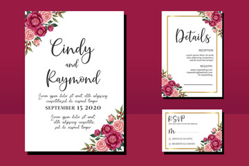 Wedding invitation frame set, floral watercolor hand drawn Rose and Peony Flower design Invitation Card Template