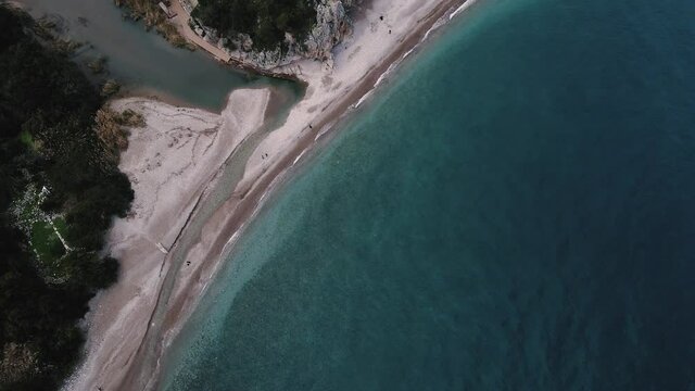 Aerial view of Cirali Beach from ancient Olympos ruins, Antalya Turkey. High quality 4k footage