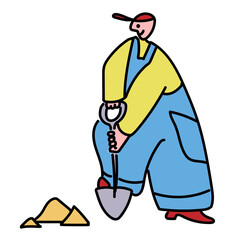 Fat man help to work with seedlings in the garden