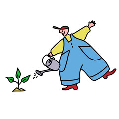 Fat man help to work with seedlings in the garden