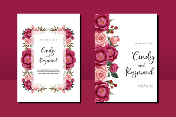 Wedding invitation frame set, floral watercolor hand drawn Rose and Peony Flower design Invitation Card Template