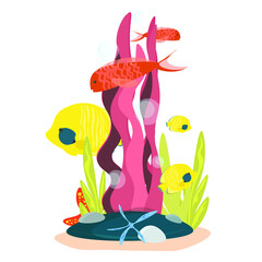 Illustration of a fish in the aquarium. Marine life on a white background.