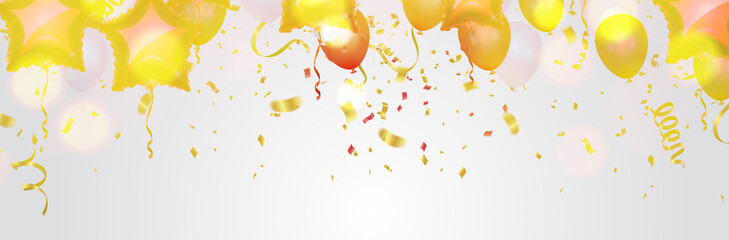Glossy gold Flying helium Balloons backdrop with effect. Wedding, Birthday and Anniversary