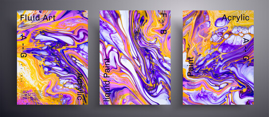 Abstract vector placard, texture pack of fluid art covers. Trendy background that applicable for design cover, poster, brochure and etc. Blue, pink, yellow and white creative iridescent artwork.