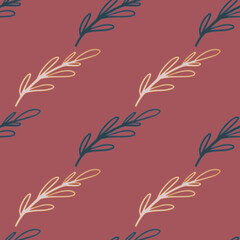 Foliage nature seamless pattern with blue and white branches elements. Maroon pale background.