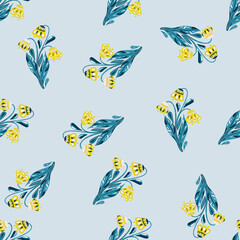 Random seamless pattern with yellow flowers bouquet print. Light blue background. Botanic backdrop.