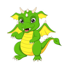 Cute cartoon green dragon on white background