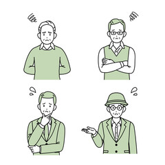 年配の男性　シニア　高齢者　人々　困る　悩む　不満　ポーズ　仕草　セット　イラスト素材
