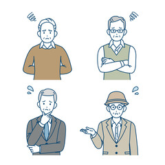 年配の男性　シニア　高齢者　人々　困る　悩む　不満　ポーズ　仕草　セット　イラスト素材