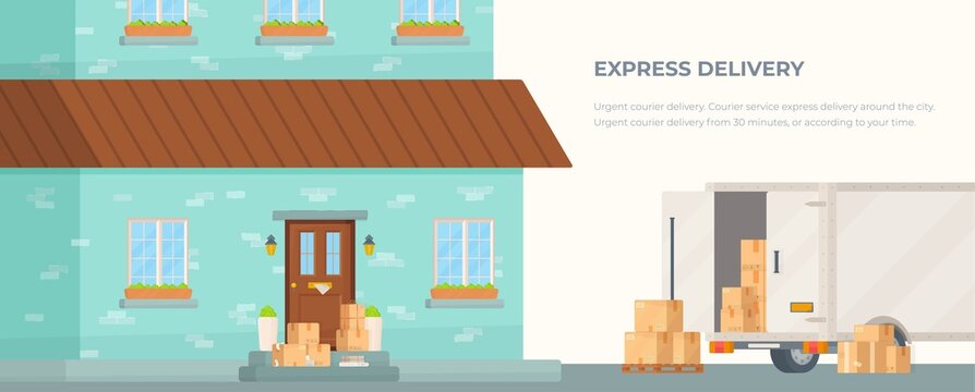 Arrival of parcels to the house. Vector illustration of boxes.Drawing express delivery.