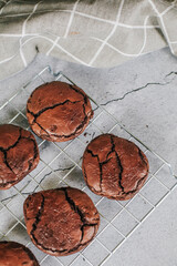 Chocolate brownie cookies. Baked Creamy Dark chocolate chip cookies on white texture background. Morning table. Copy space.