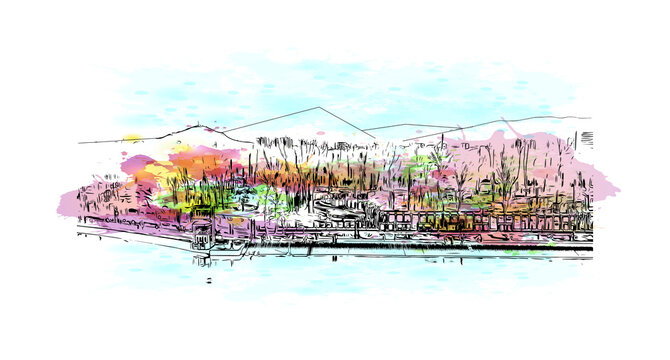 Building view with landmark of Plovdiv is the
city in Bulgaria. Watercolour splash with hand drawn sketch illustration in vector. 