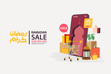 Fototapeta na wymiar Ramadan sale banners on mobile online, discount and best offer tag, label or sticker set on occasion of Ramadan Kareem and Eid Mubarak, vector illustration
