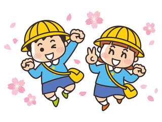 ジャンプする園児と桜　入園