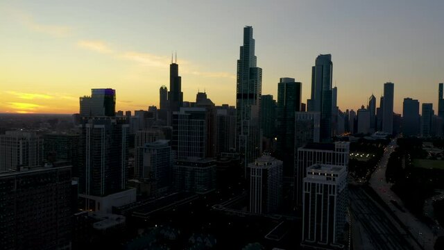 Aerial View of Chicago Skyline from South Loop at Sunset