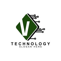 alphabet capital logo. Creative design concept green color with electrical chip illustration,