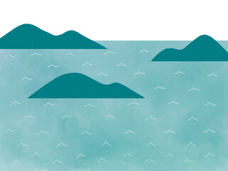 Fototapeta na wymiar 青い海と浮かぶ島の白バック風景イラスト
