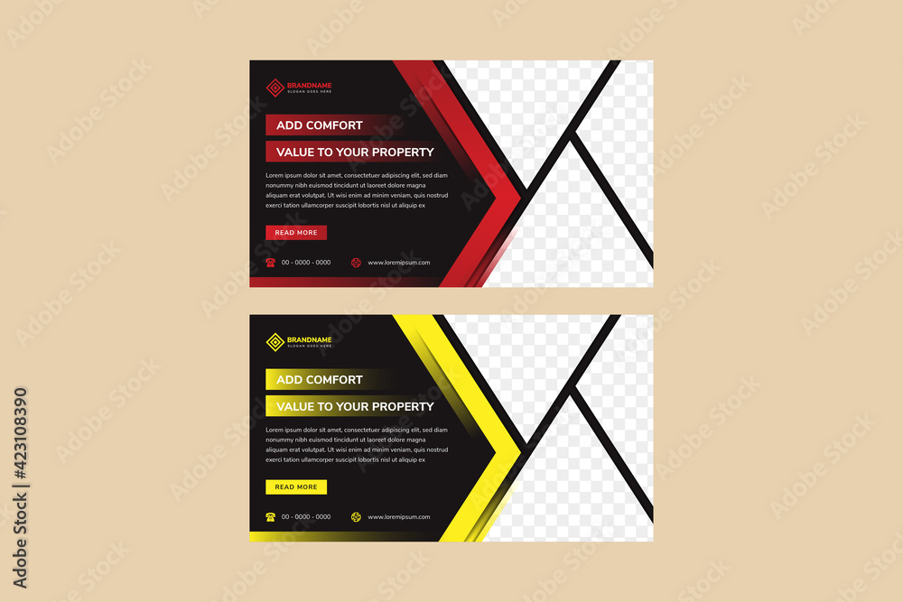 Wall mural A4 size real estate flyer template design with horizontal layout use red and yellow element colors isolated in black background. Triangle shape for photo collage space.  - Wall murals