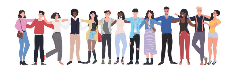 mix race men women standing together female male cartoon characters embracing full length flat horizontal