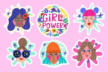 Cool vector stickers pack with girls faces and lettering. Girl Powers Stickes.